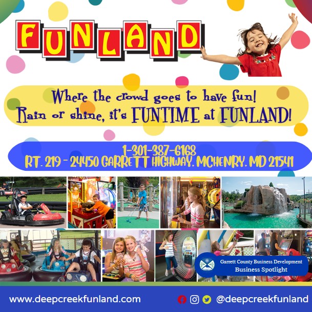 Today's Business Spotlight 🎉 is on Deep Creek Funland!
Visit them at www.deepcreekfunland.com or Deep Creek Funland
Follow us to see more daily Garrett County Business Spotlights! 
If you are interested in having your business featured contact Connor Norman at cnorman@garrettcountymd.gov. #businessdevelopment #garrettcountymd
